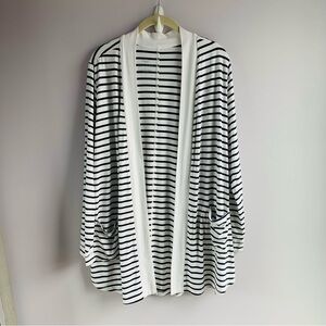 T by Talbots Knit Cardigan UPF Protection Cream Navy Striipes Lightweight  XL